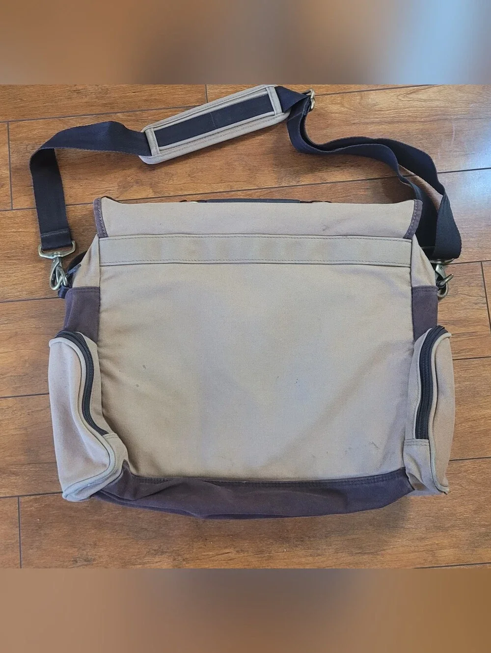Eddie Bauer Tan and Dark Brown Canvas Messenger Bag with Black Trim